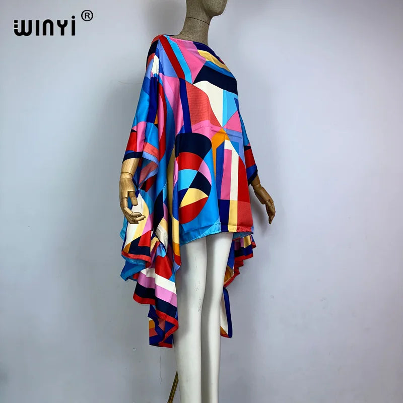 WINYI Women Summer Fashion Evening Party Beachwear Kuwait Bohemian Abaya Kaftan Puff Sleeve Sexy Elegant Beach Cover Up Dress - Matrix Studios