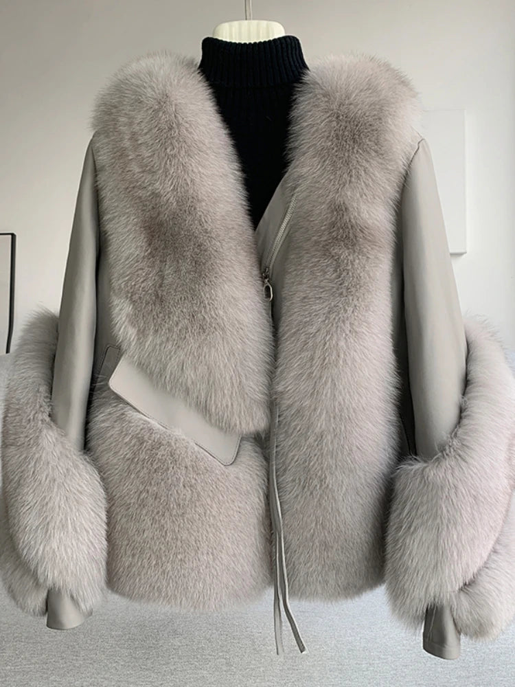 OFTBUY 2022 Real Fur Coat Winter Jacket Women Natural Fox Fur Genuine Leather Outerwear  Streetwear Locomotive Thick Warm New - Matrix Studios