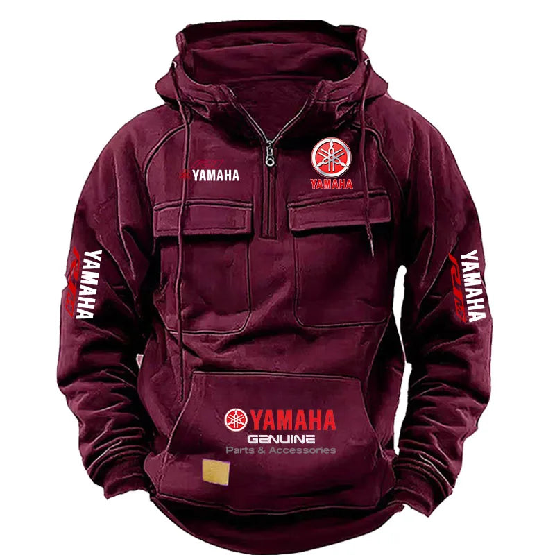2026 New YAMAHA Logo Motorcycle Racing Race Retro Velvet Half Zipper Hoodie Men's Multi Pocket Autumn/Winter Casual Sweatshirt - Matrix Studios