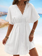 V Neck Lace Short Sleeve Tunic Beach Cover Up Cover-ups Beach Dress Beach Wear Beachwear Female Outfits Bathing kaftan for Women - Matrix Studios