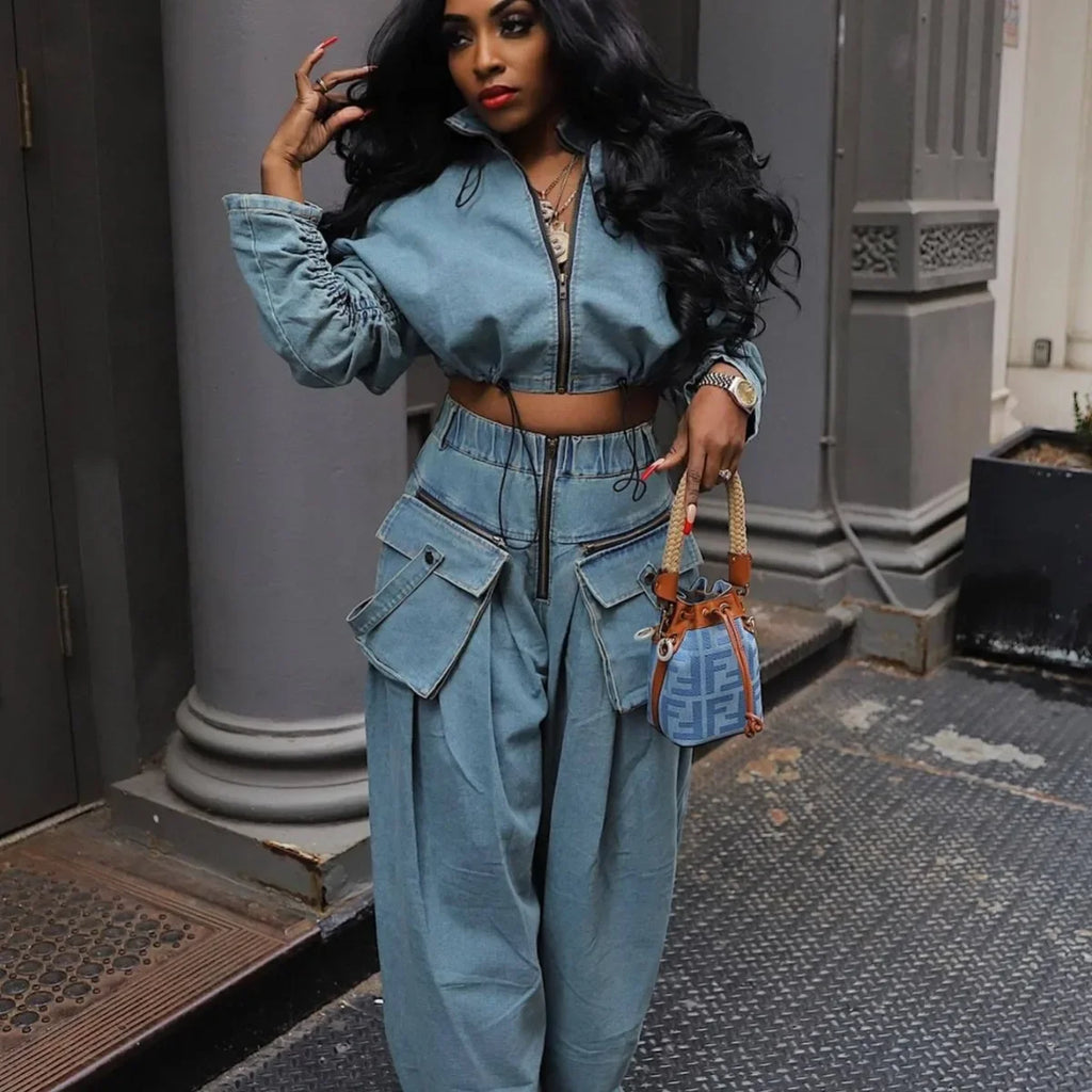 Denim Two Piece Sets Women Coat Jacket Wide Leg Pants Jeans Suits Matching Sets Trousers Outfits 2025 Y2k Streetwear Party - Matrix-studios.com