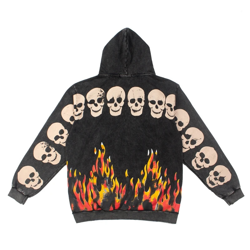 High Street SATOSHI Hoodies loose Jacket Men Women Retro Distressed Faded Flame Designs Skulls Print Zipper Hooded Sweatshirts - Matrix-studios.com