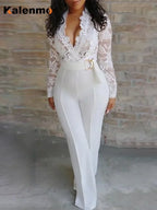 White Jumpsuit Women Overalls Elegant Lace Long One Piece High Waist Feather Y2k Sexy Wedding Party Night Evening Rompers - Matrix Studios