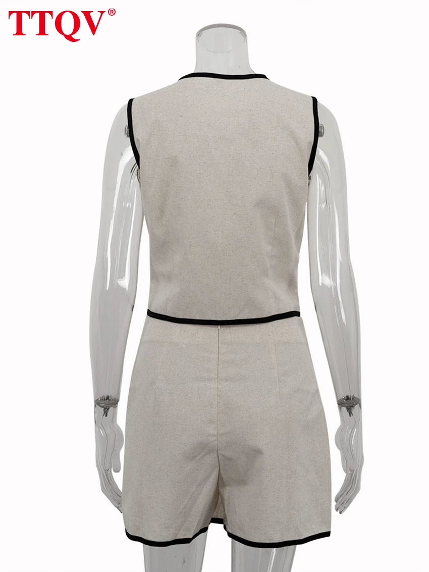 TTQV Summer Slim Khaki Cotton 2 Piece Set Woman Outfit 2025 Fashion Sleeveless Crop Top With High Waist Shorts Set Streetwear - Matrix-studios.com