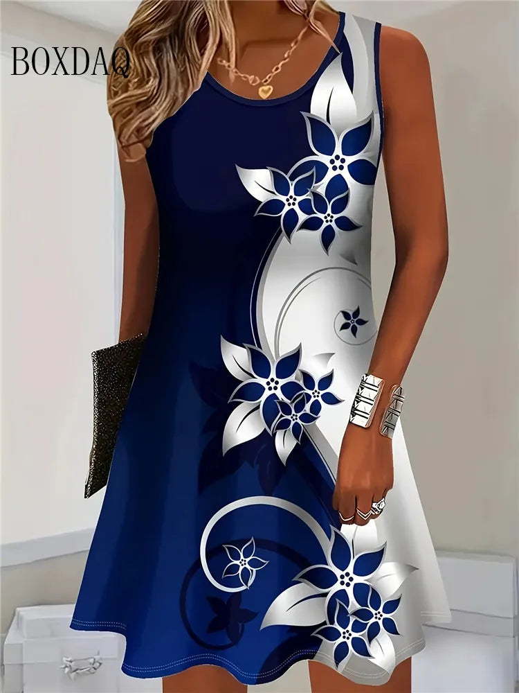 2025 Women Summer Sleeveless Bohemian Dress Fashion Imitate Cowboy Vest Flowers Print Dress Casual Tank Beach Dresses For Women - Matrix-studios.com
