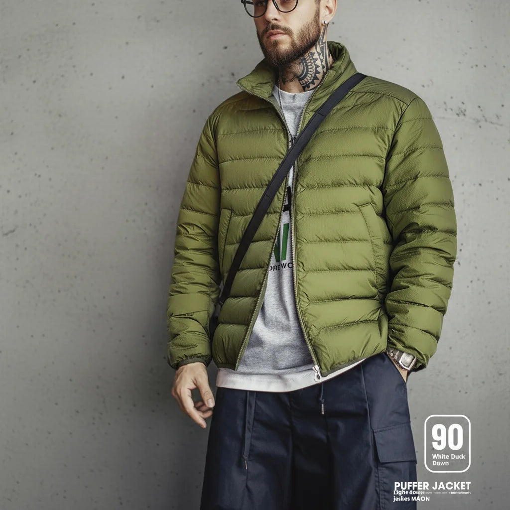 Maden Winter Men's Stand-up Collar Down Jacket Lightweight Hydrophobic White Duck Down Filling Coat Warm Inner Layer for Fall - Matrix Studios