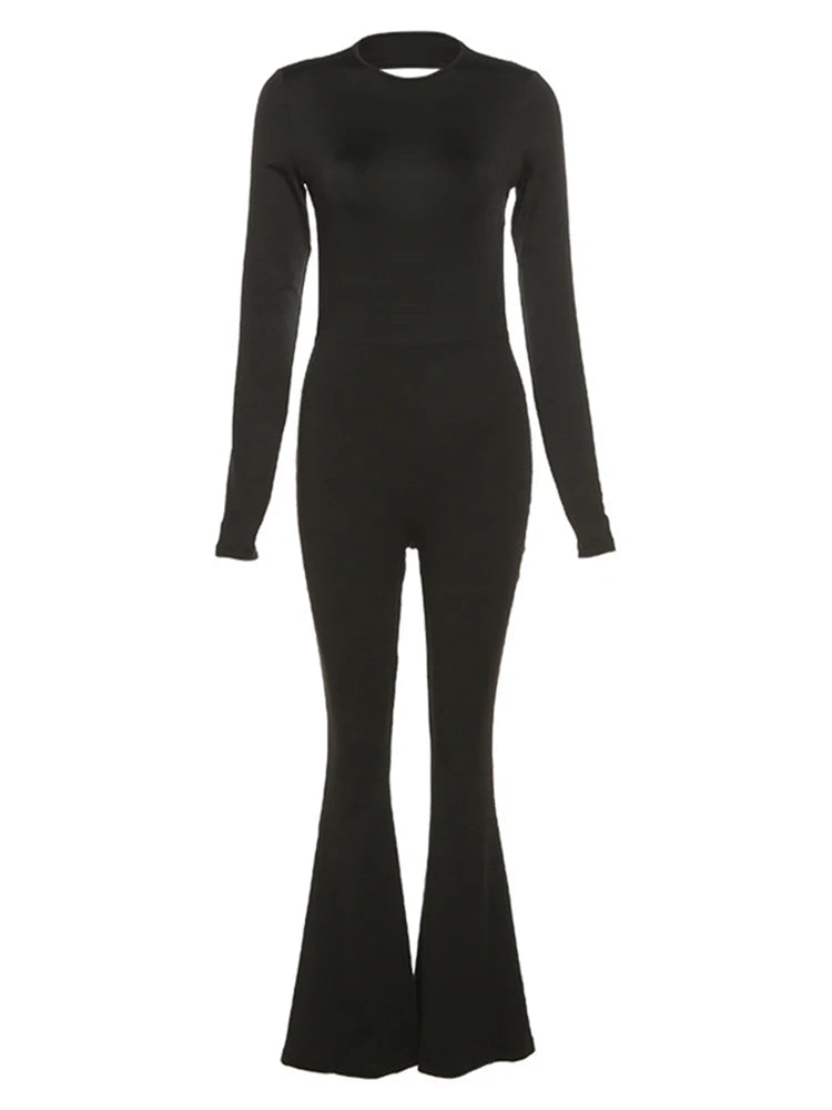 Solid Black Sexy Backless Bodycon Wide Leg Jumpsuit Women Autumn Casual Slim Long Sleeve O-Neck Playsuit Lady Streetwear - Matrix Studios