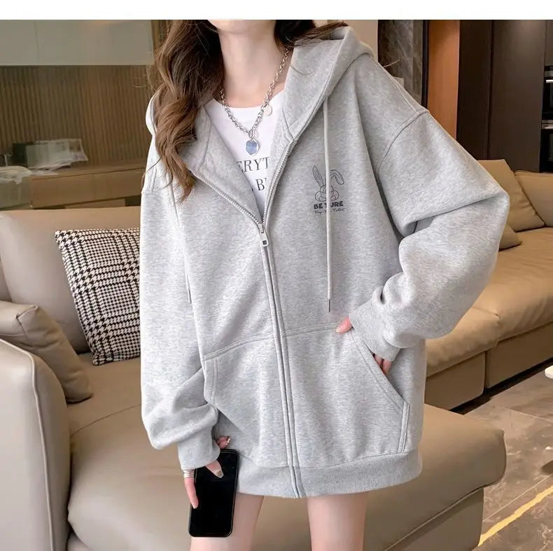 Women Embroidery Print Sporty Chic Hoodies Casual Zip Up Long Sleeve Loose Jacket Coats Harajuku Hooded Sweatshirts Streetwear - Matrix Studios