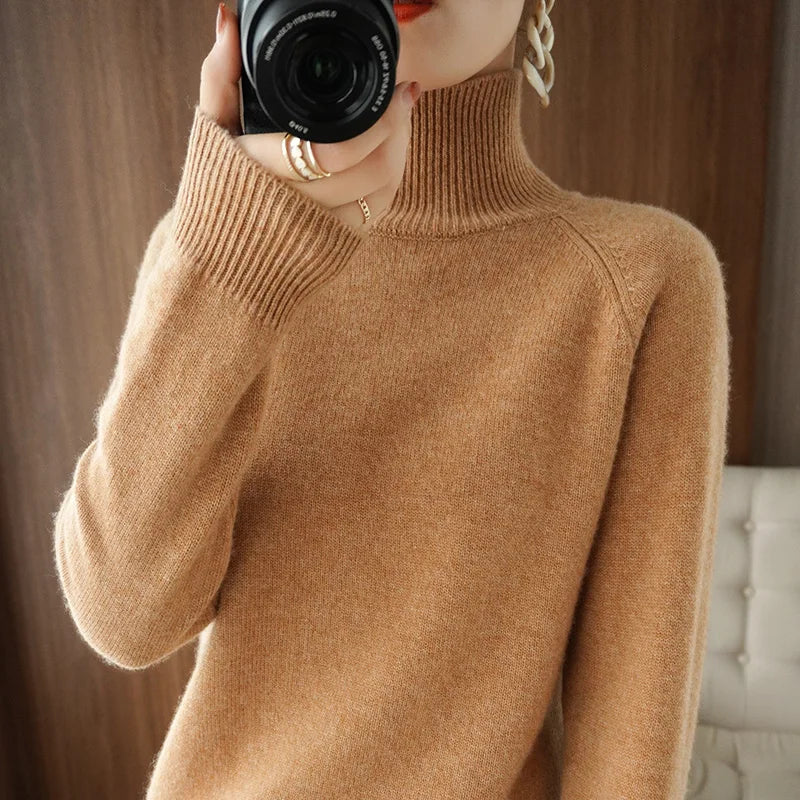 Autumn Winter Mock-Neck Merino Wool Pullover Basic Casual Cashmere Sweater Comfort Womes Raglan Sleeve Clothing Tops - Matrix Studios