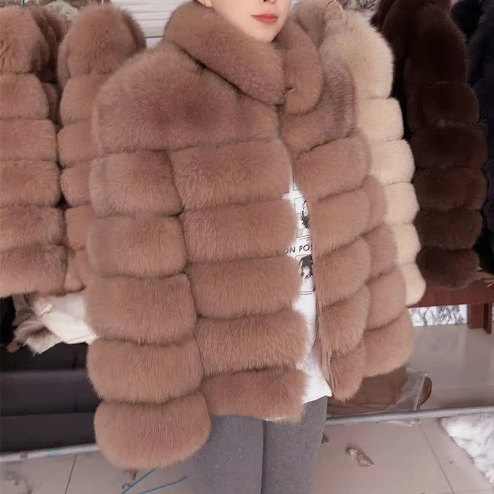 QUEENTINA Winter New Women's Cold Real Fox Fur Coat With Collar Especially Overcoat Leather Female Natural Plus Size 2023 Luxury - Matrix Studios