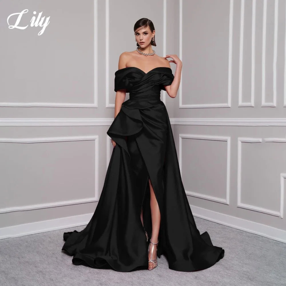 Lily Red Elegant Prom Gown V-Neck Off the Shoulder Party Dress for Woman Satin Pleating Side Split Evening Dresses Customized - Matrix-studios.com
