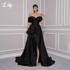 Lily Red Elegant Prom Gown V-Neck Off the Shoulder Party Dress for Woman Satin Pleating Side Split Evening Dresses Customized - Matrix-studios.com