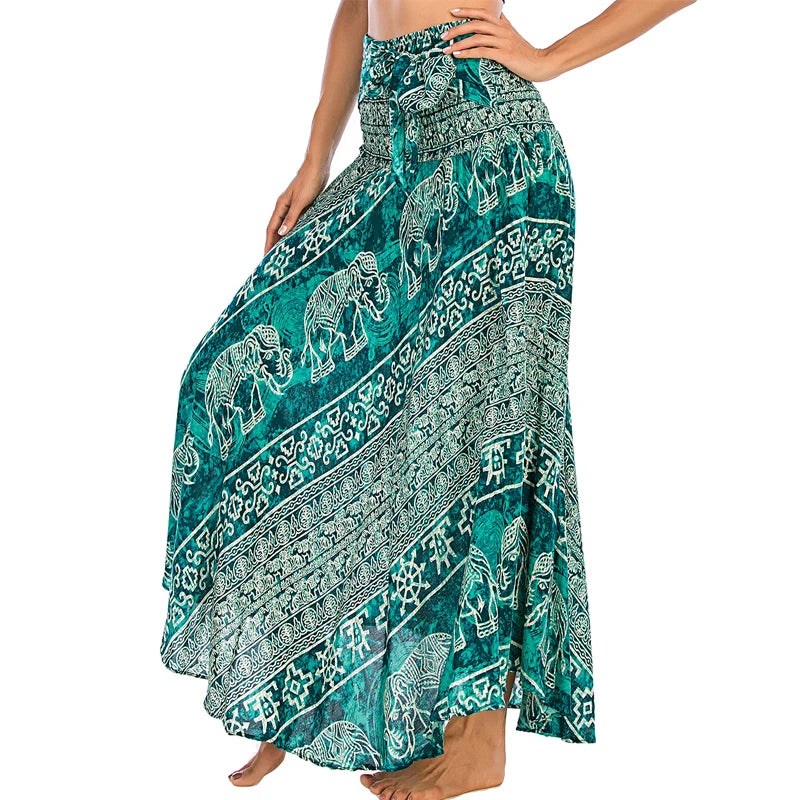 Boho Skirts Women Rayon Beach Long Dress Summer Bohemian Jupe Longue Femme Elastic Waist Print Floral Bandage Halter Hippie - Matrix Studios