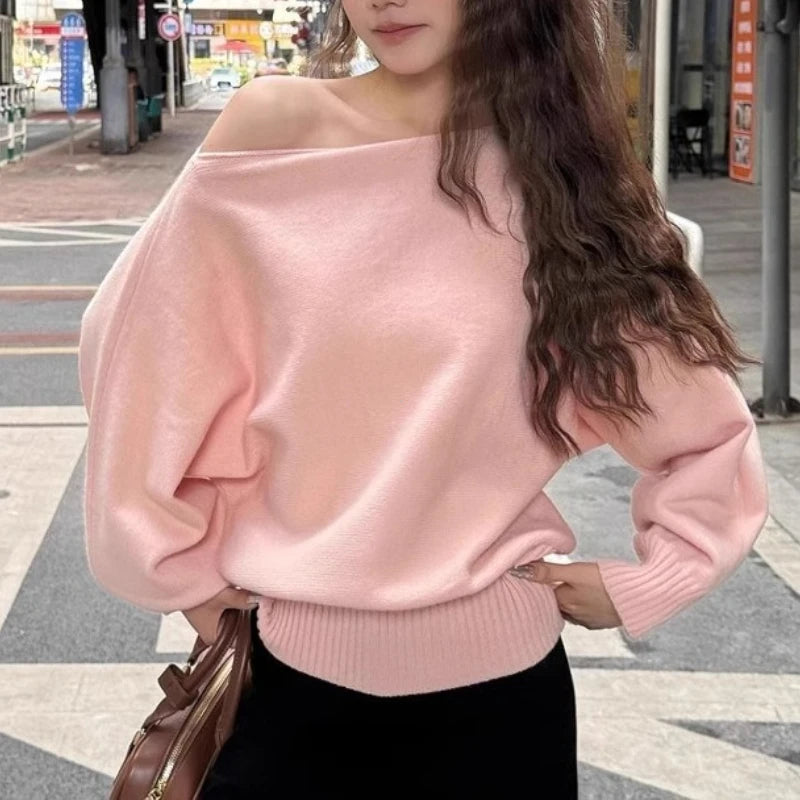 Batwing Long Sleeve Knitted Pullover Women 380g Thick Off Shoulder Top Korean Fashion Sweater Loose Casual Autumn Outwear Pull - Matrix Studios