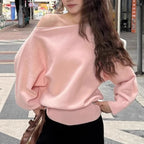 Batwing Long Sleeve Knitted Pullover Women 380g Thick Off Shoulder Top Korean Fashion Sweater Loose Casual Autumn Outwear Pull - Matrix Studios