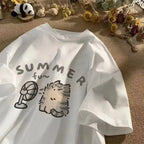Fan Cat and Women Pure T-shirt for Men American Street Creative Blow Summer Relaxed Short Sleeve Couple Wear INS Top - Matrix-studios.com