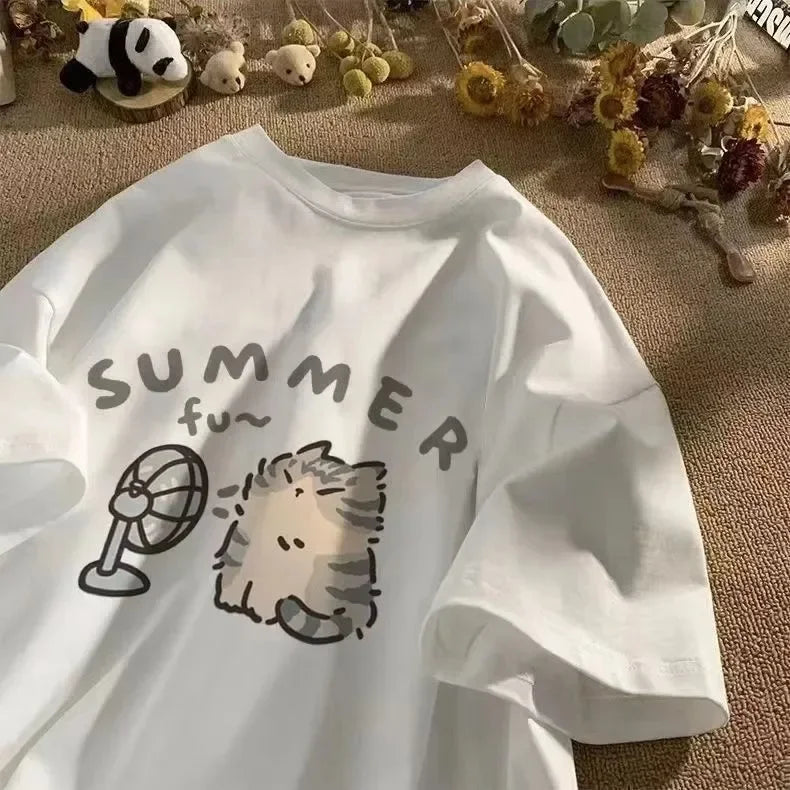 Fan Cat and Women Pure T-shirt for Men American Street Creative Blow Summer Relaxed Short Sleeve Couple Wear INS Top - Matrix-studios.com