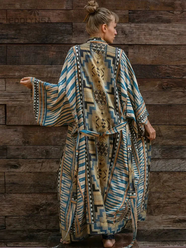 Bohemian Printed Bikini Cover-ups Elegant Self Belted Kimono Dress Tunic Women Plus Size Beach Wear Swim Suit Cover Up Q1228 - Matrix Studios