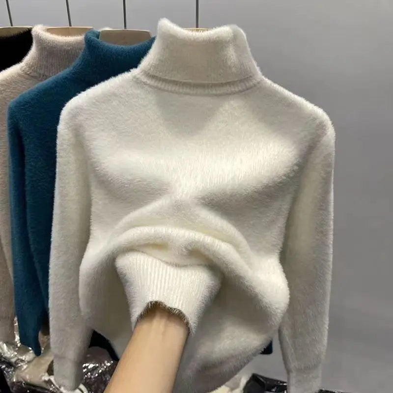 Women's Turtleneck Sweater Faux Mink Top for Women Solid Plush Thickened Warm Bottoming Shirts Basic Knitwear Thermal Pullovers - Matrix Studios