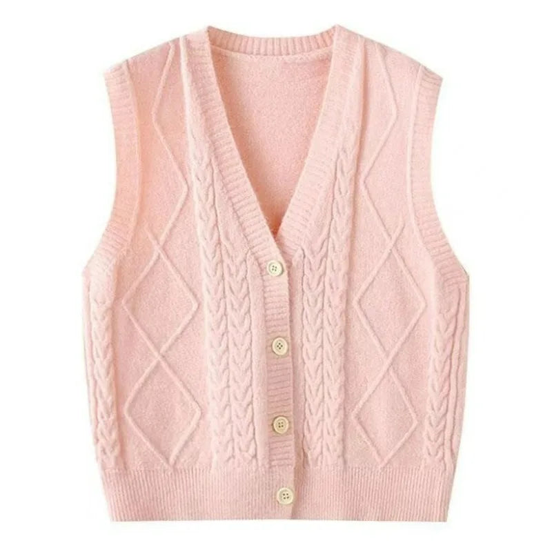 Women Solid Cable Knit Vest V Neck Button Sleeveless Cardigan Casual Sleeveless Knitted Sweater Waistcoat Ladies - Matrix Studios