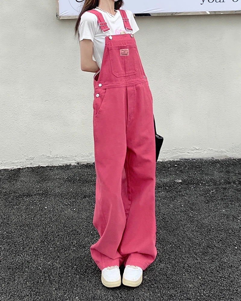 XS-XL jean womens 2022 Summer Preppy Style loose Girls Pink wide leg trousers jumpsuit korean casual denim overalls womens(78891 - Matrix Studios