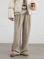CHIC VEN Women Pants New High Waisted Pleated Casual Soft Wide Leg Pant Female Thicken Trousers Sport Solid Plush Winter 2024