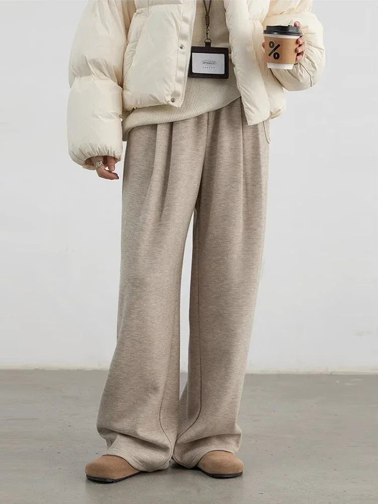 CHIC VEN Women Pants New High Waisted Pleated Casual Soft Wide Leg Pant Female Thicken Trousers Sport Solid Plush Winter 2024