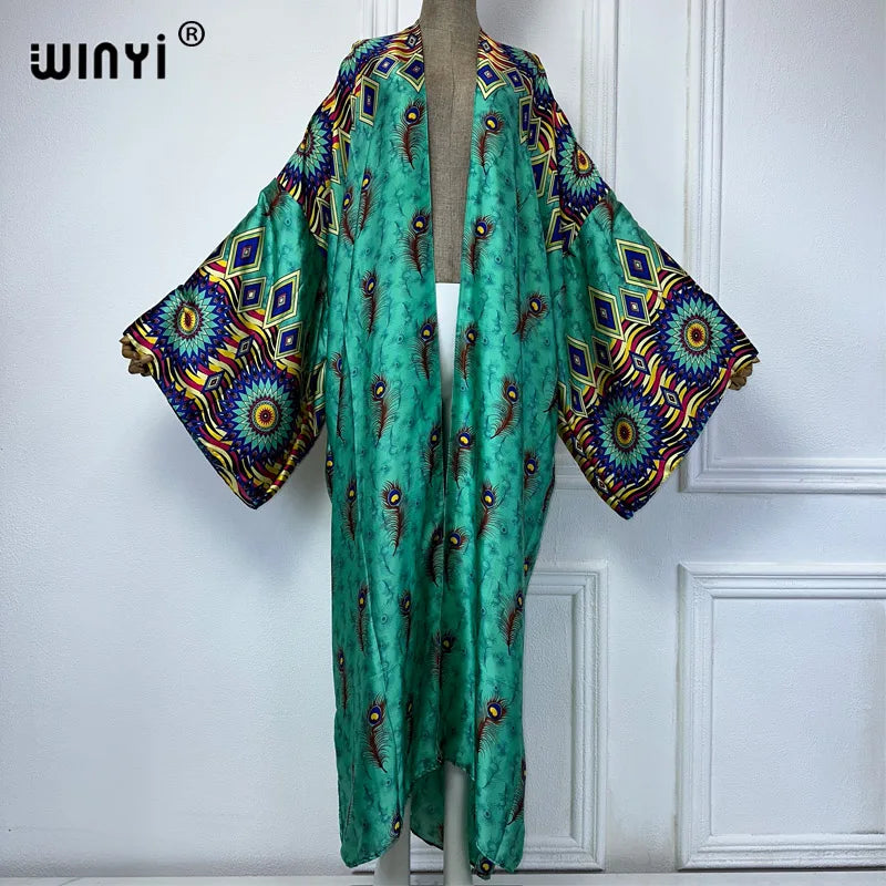 WINYI New Kimono Africa Print Dress Beach Wear Elegant Cardigan Sexy Holiday Beach Outfits for Women Vestidos Swimwear - Matrix Studios