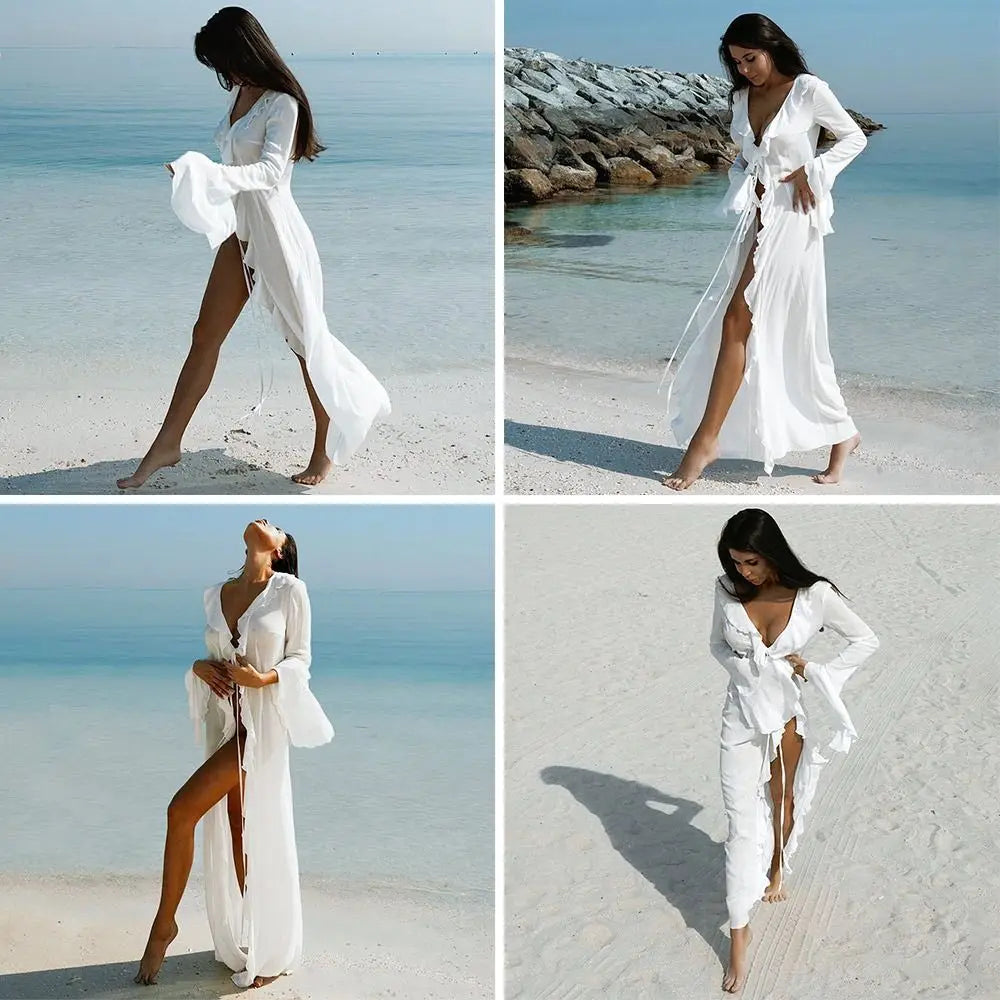 Fashion V Neck Summer Beach Cover Up Ruffled Long Sleeve Beach Dress Bathing Suit Loose Bikini Sunscreen Smock for Women - Matrix Studios