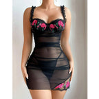 Transparent Sexy Lingerie Woman Underwire Bra And Panty Set Embroidery Floral Dress Elegant Nightdress Intimate Nightgown - Matrix-studios.com
