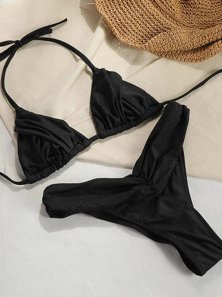 Sexy Folds Bikini Set Solid Micro Bikinis Women Swimsuit Female Triangle Swimwear Beach Wear Bathing Suit - Matrix-studios.com