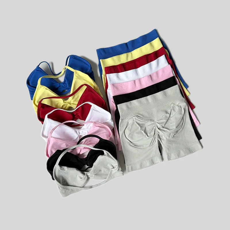 WAREBALL Gym Set Women 2 Piece Sets Halter Neck Tank Tops High Waist Scrunch Seamless Shorts Sport Suit Sportswear Workout Set - Matrix-studios.com