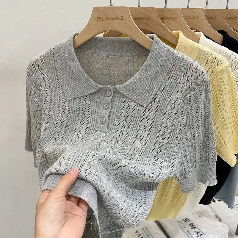 Summer Women's Thin Knit Polo Shirt Hollow-Out Short Sleeve Top Knitted T-shirts  for Women Korean Fashion Elegant Knitwear - Matrix-studios.com