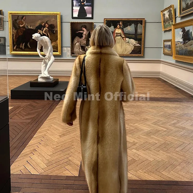 Neo Mint Runway Fashion Yellow Striped Maxi Long Faux Fur Coat Jacket Women Winter Brand Fluffy Fox Fur Overcoat Girls Outerwear - Matrix Studios