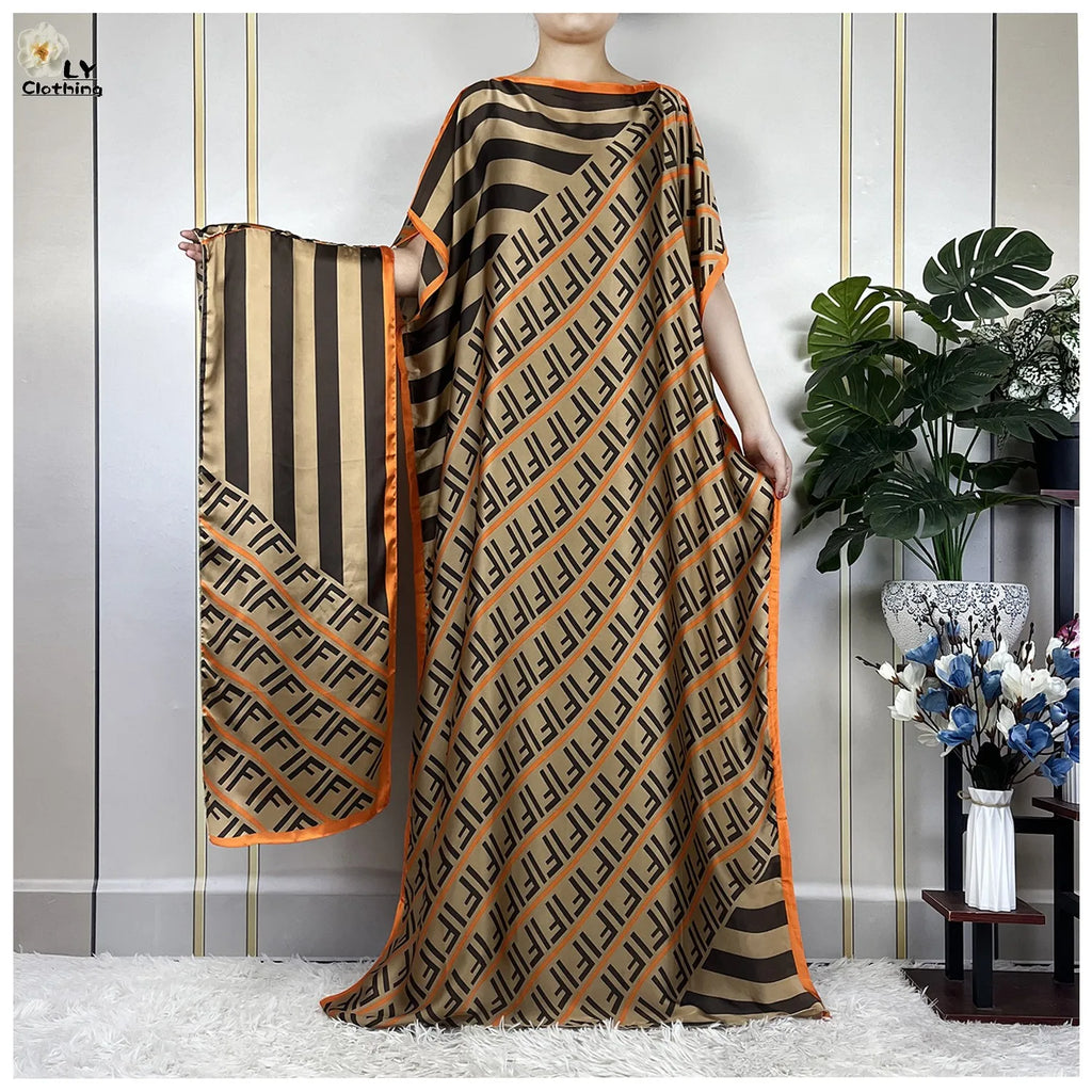 Muslim Abayas For Women 2023 New Fashion Printed Silk Soft Loose Femme Elegant Robe African Maxi Party Dresses With Belt Turban - Matrix-studios.com