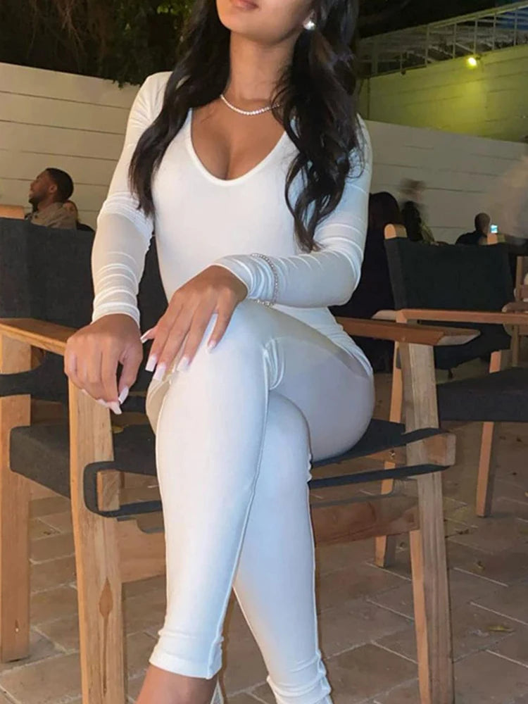 Spring and Summer New Women's Jumpsuit Long Sleeve Solid Color Skinny Jumpsuit Fashion Sports Fitness Jumpsuit Pullover - Matrix Studios