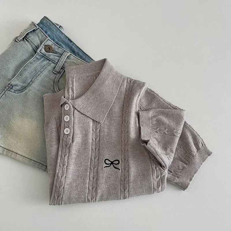 2026 Sweet Bow Embroidered Knitted Women Tops Summer New Korean Fashion Slim Polo Shirt Knitted Short Sleeve T-shirt - Matrix-studios.com
