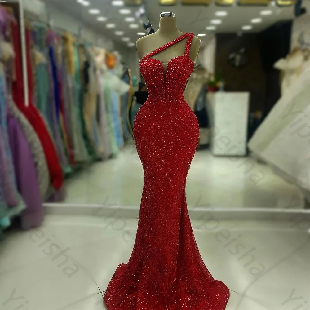 Customized Exquisite Evening Dresses Gorgeous Dazzling One Shoulder Backless Fishtail Gown Beading Long Dress Formal Party Gowns - Matrix-studios.com