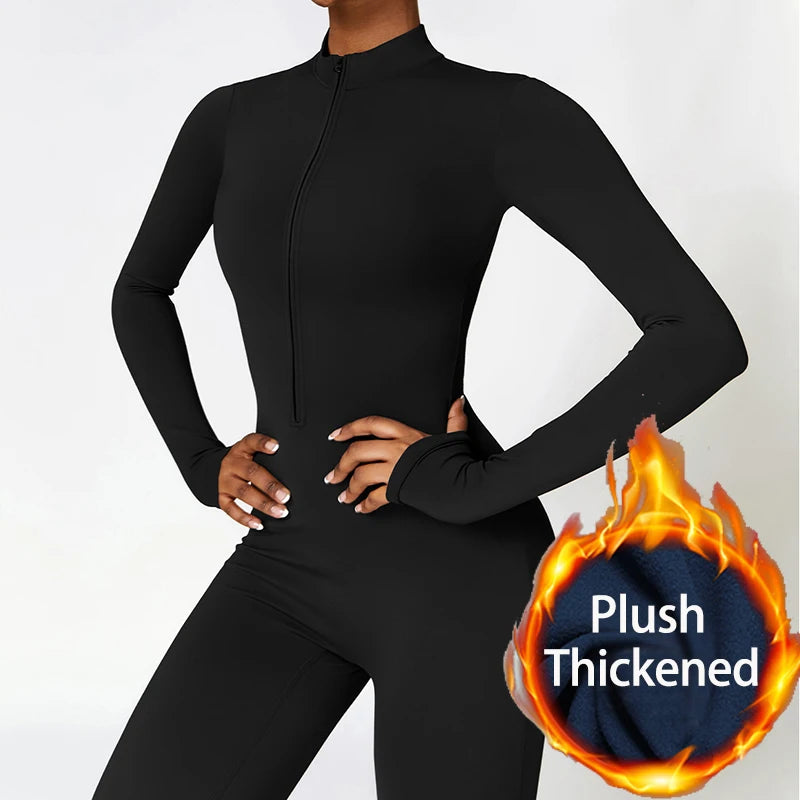 Warm Plush Sports Jumpsuits Women's Tracksuit One-Piece Fitness Suit Winter Gym Sets Long Sleeves Black Exercise Bodysuit Woman - Matrix Studios
