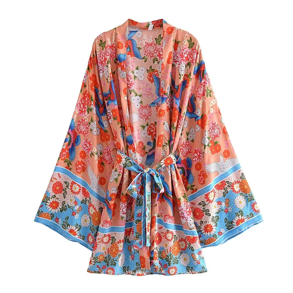 Boho Queens Vintage Peacock Floral Print Sashes Beach Kimono Women Bohemian Wrap Batwing Sleeves Holiday Bikini Cover-ups - Matrix Studios