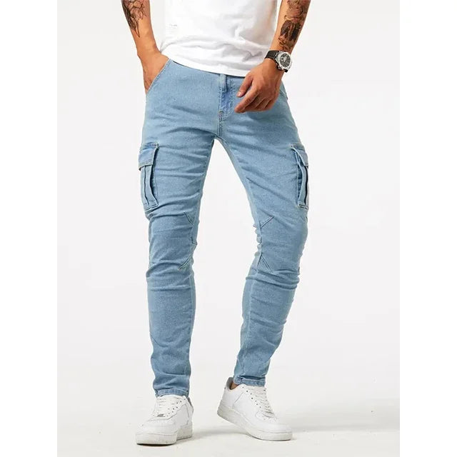 Street Elastic Jeans Men Denim Cargo Pants Wash Solid Color Multi Pockets Casual Mid Waist Trousers Slim Fit Daily Wear Joggers - Matrix Studios
