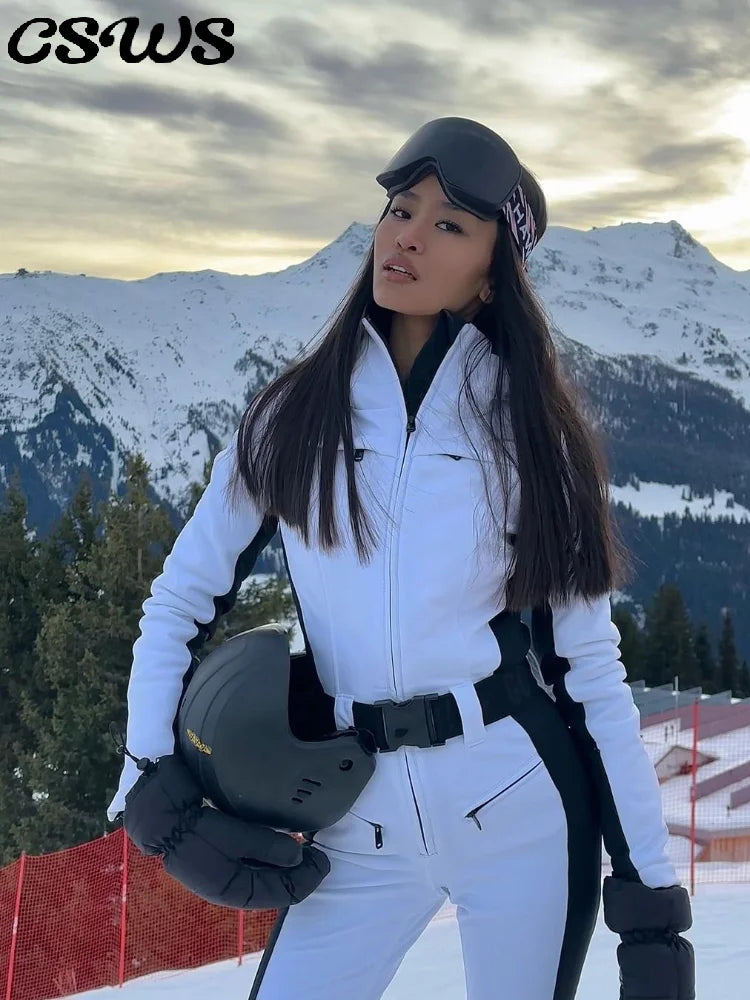 Fashion Hooded Ski Jumpsuit Women Faux Fur Patchwork Zippers Pocket With Belt High Wait Skiing Jumpsuits 2026 Winter Romper Lady - Matrix Studios