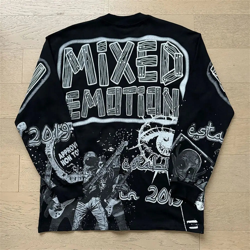 2026 New MIXED EMOTION Long Sleeve T-shirt Men Women High Street Full Print Best Quality Crewneck Hip Hop Oversized Tops - Matrix Studios