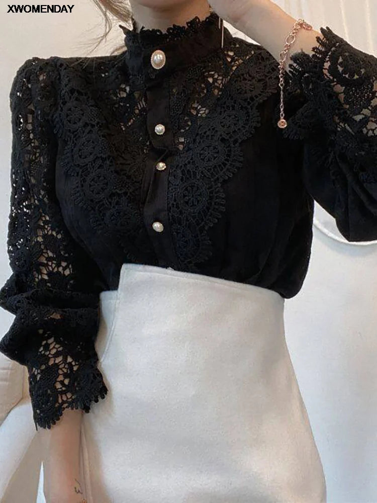 Women Chiffon Button Turtleneck Shirt Chic Elegant Floral Lace Fluffy Long Sleeve Top Fashion Hollow Oversize White Blouse 2025 - Matrix-studios.com