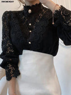 Women Chiffon Button Turtleneck Shirt Chic Elegant Floral Lace Fluffy Long Sleeve Top Fashion Hollow Oversize White Blouse 2025 - Matrix-studios.com