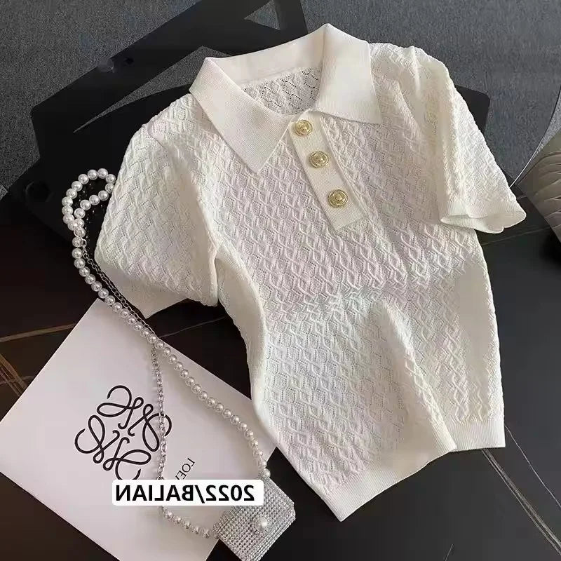 Korean Ice Silk Polo Neck Knitted Shirt Women 2025 Summer Chic Thin Unique Jacquard Short Sleeve Ladies Tops Women’s Clothing - Matrix-studios.com