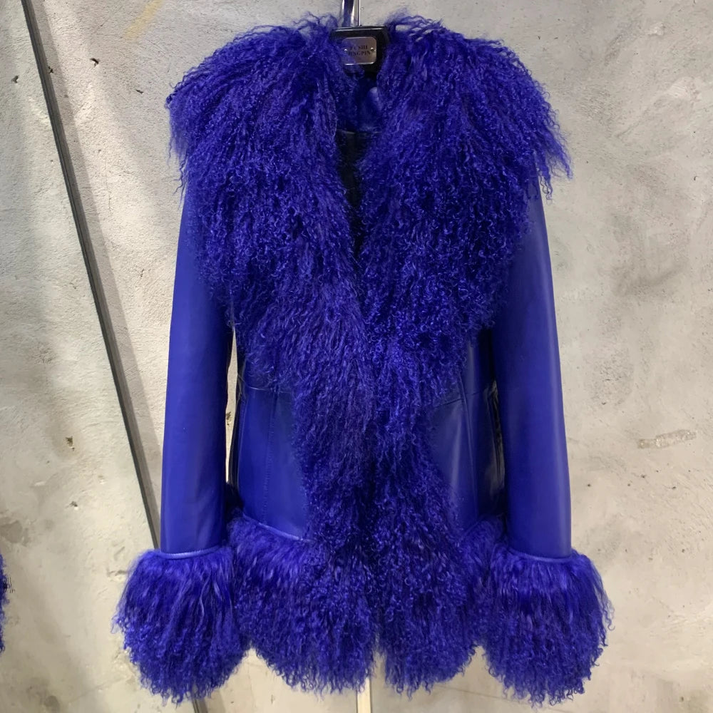 Sheep Fur Leather Coats Women Winter Luxury Mongolian Fur Leather Jackets with Long Sleeve with Natural Mongolian Fur 7251 - Matrix Studios