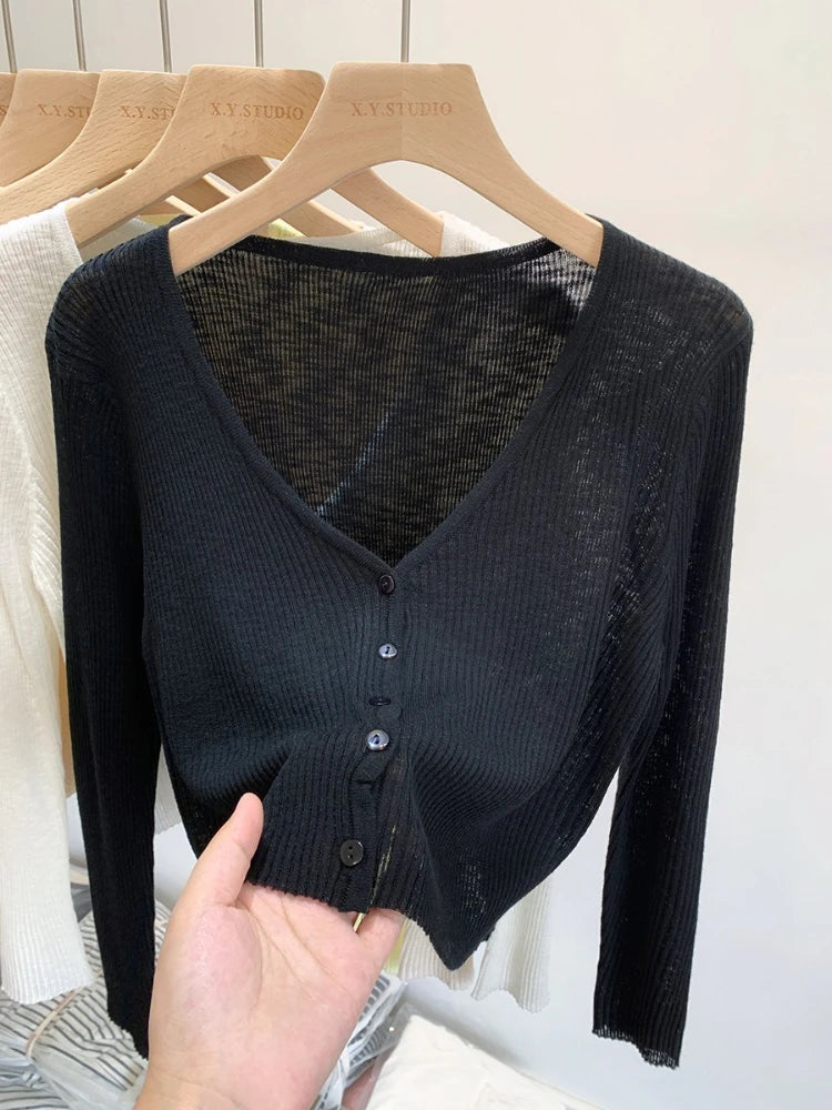 2026 Summer Thin Air Conditioning Blouse Ice Silk Knit Sun Protection Women Cardigan Solid Color Casual Short Shawl Outerwear - Matrix Studios