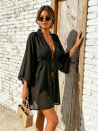 Black Sheer Chiffon Beach Cover Up Lace Trim Tassel Tie Waist Flare Sleeve Bikini Kimono Coverup - Matrix Studios