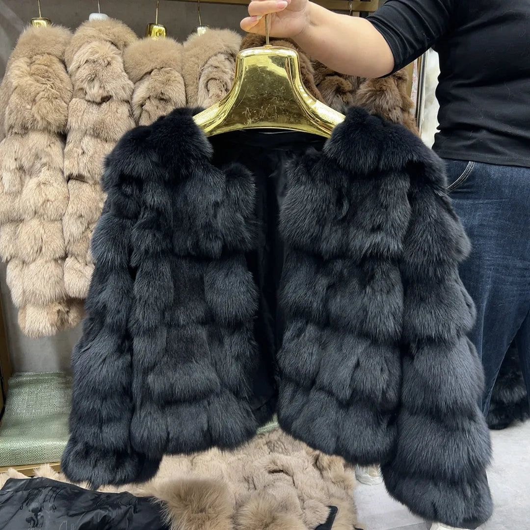 HUA QIU MEI SI Women's Natural Fox Fur Jacket with Fox Collar for Winter Warmth, Short Style Real Fox Fur Leather Jacket - Matrix Studios